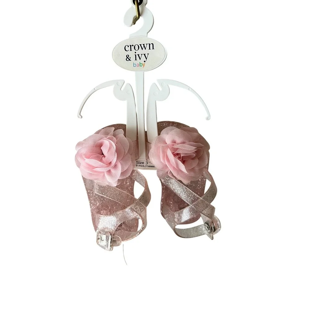 Crown & Ivy Baby Pink Glitter Jelly Sandals Rose Flower Size 3 6-9 Months NEW